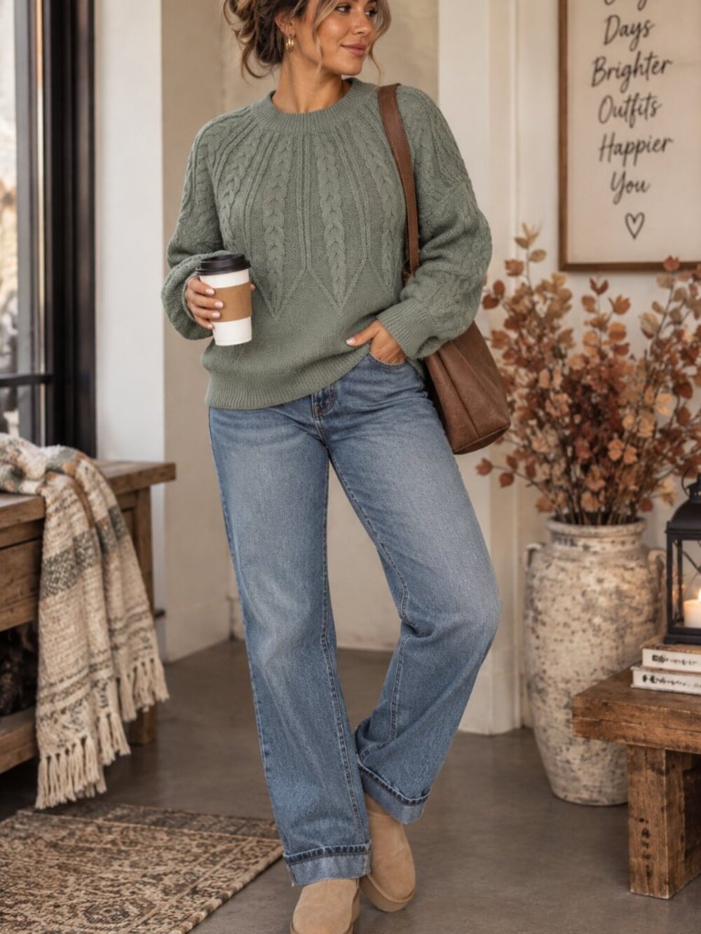 740 - Dokotoo Sage Green Cable Knit Sweater Size Small Cozy Crewneck